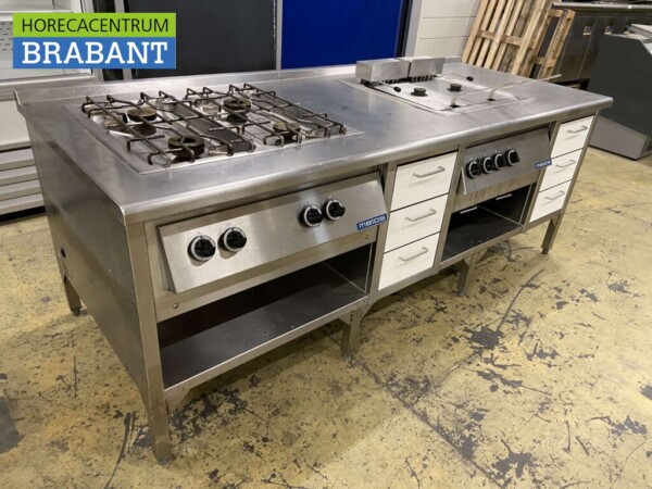 Ligne de cuisson Metos en acier inoxydable Cuisinière 4 feux et double friteuse 219 cm Horeca – Image 2