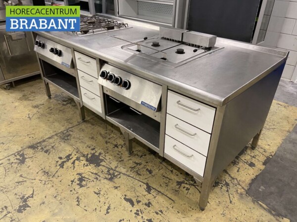 Ligne de cuisson Metos en acier inoxydable Cuisinière 4 feux et double friteuse 219 cm Horeca – Image 3