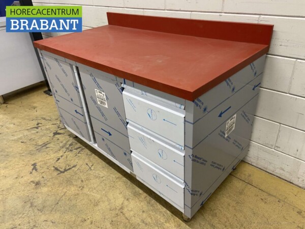 Acier inoxydable Polyéthylène PE Armoire de travail Armoire Table à découper 2 portes pliantes 3 tiroirs 140 cm Restauration Boucherie – Image 2