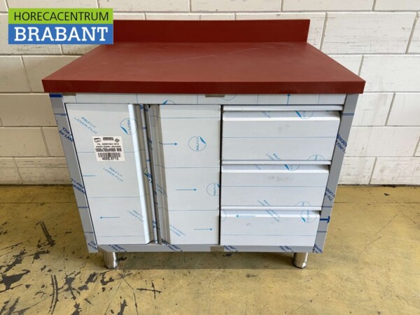Acier inoxydable Polyéthylène PE Armoire de travail Armoire Table à découper 2 portes battantes et 3 tiroirs 100 cm Restauration Boucherie