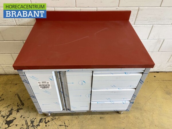 Acier inoxydable Polyéthylène PE Armoire de travail Armoire Table à découper 2 portes battantes et 3 tiroirs 100 cm Restauration Boucherie – Image 2