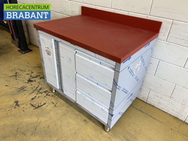 Acier inoxydable Polyéthylène PE Armoire de travail Armoire Table à découper 2 portes battantes et 3 tiroirs 100 cm Restauration Boucherie – Image 3