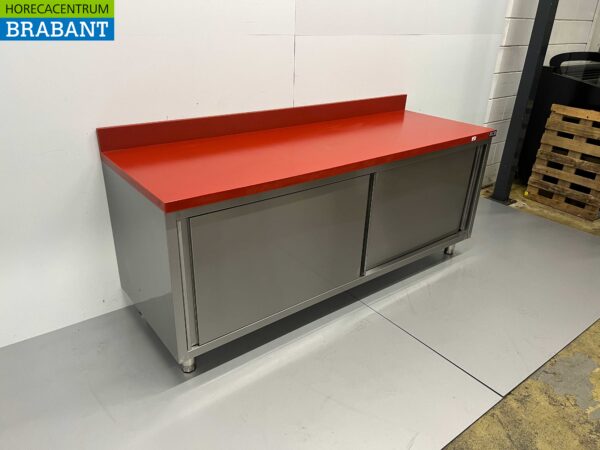 Acier inoxydable Polyéthylène PE Armoire Armoire Table à découper Premium-line 2 portes coulissantes 200 cm Restauration Boucherie – Image 2