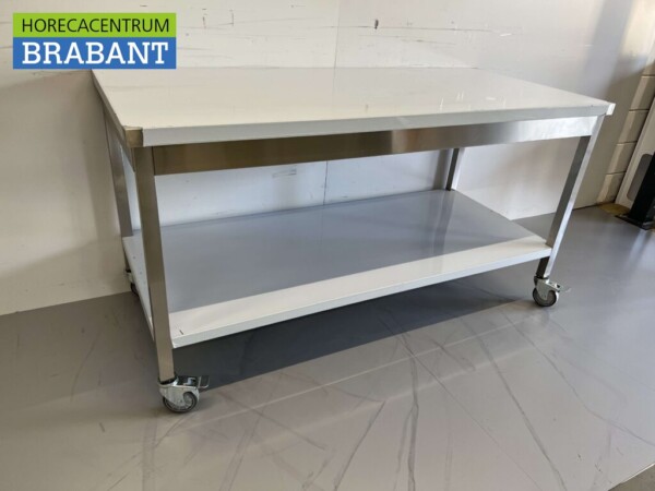 Table de travail mobile sur roulettes en acier inoxydable 160 x 70 x 85 cm Restauration – Image 3