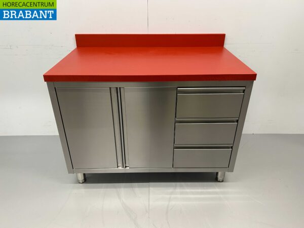 Acier inoxydable HCB Polyéthylène PE Armoire de travail Table de découpe 2 portes battantes 3 tiroirs 120 cm Restauration Boucherie