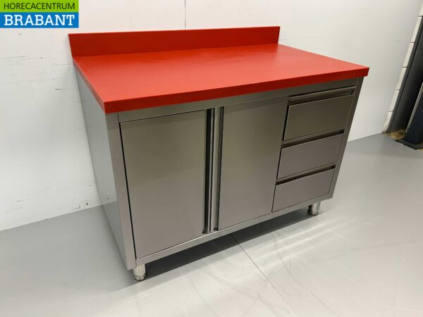 Acier inoxydable HCB Polyéthylène PE Armoire de travail Table de découpe 2 portes battantes 3 tiroirs 120 cm Restauration Boucherie – Image 3