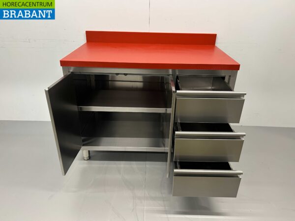 Acier inoxydable HCB Polyéthylène PE Armoire de travail Table de découpe 2 portes battantes 3 tiroirs 120 cm Restauration Boucherie – Image 4