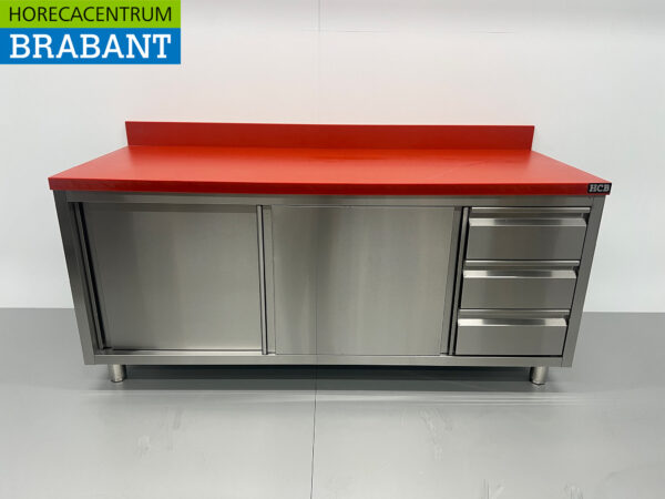 Acier inoxydable Polyéthylène PE Armoire de travail Table de découpe Premium-line 2 portes coulissantes 3 tiroirs 200 cm Restauration Boucherie