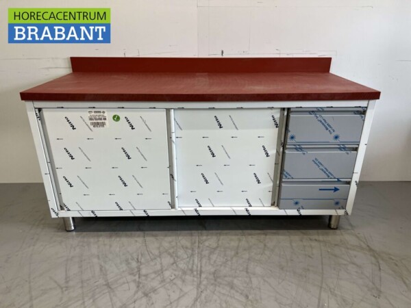 Acier inoxydable Polyéthylène PE Armoire de travail Table de découpe Premium-line 2 portes coulissantes 3 tiroirs 180 cm Restauration Boucherie