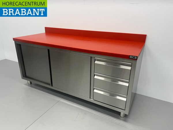 Acier inoxydable Polyéthylène PE Armoire de travail Table de découpe Premium-line 2 portes coulissantes 3 tiroirs 200 cm Restauration Boucherie – Image 2