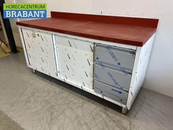 Acier inoxydable Polyéthylène PE Armoire de travail Table de découpe Premium-line 2 portes coulissantes 3 tiroirs 180 cm Restauration Boucherie – Image 2