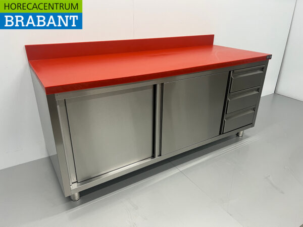 Acier inoxydable Polyéthylène PE Armoire de travail Table de découpe Premium-line 2 portes coulissantes 3 tiroirs 200 cm Restauration Boucherie – Image 3