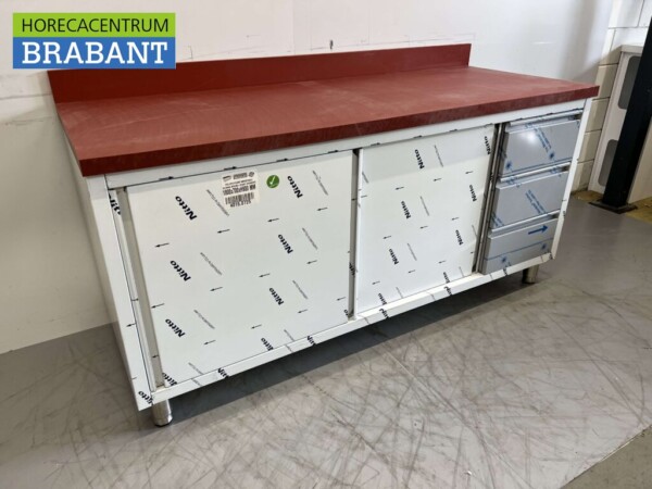 Acier inoxydable Polyéthylène PE Armoire de travail Table de découpe Premium-line 2 portes coulissantes 3 tiroirs 180 cm Restauration Boucherie – Image 3