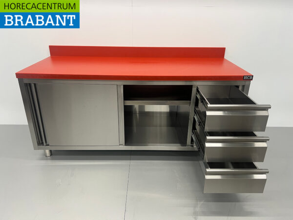 Acier inoxydable Polyéthylène PE Armoire de travail Table de découpe Premium-line 2 portes coulissantes 3 tiroirs 200 cm Restauration Boucherie – Image 4