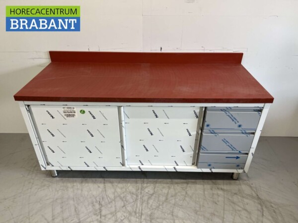 Acier inoxydable Polyéthylène PE Armoire de travail Table de découpe Premium-line 2 portes coulissantes 3 tiroirs 180 cm Restauration Boucherie – Image 4