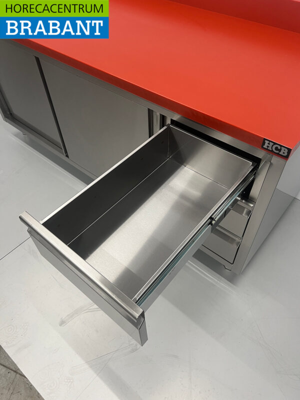 Acier inoxydable Polyéthylène PE Armoire de travail Table de découpe Premium-line 2 portes coulissantes 3 tiroirs 200 cm Restauration Boucherie – Image 5