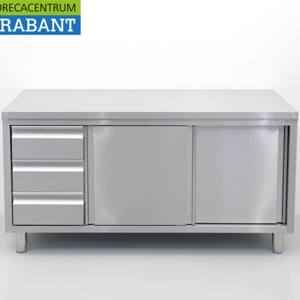 Armoire de travail HCB en acier inoxydable, table de travail Premium-line, 2 portes coulissantes et 3 tiroirs, 160 cm, secteur de la restauration