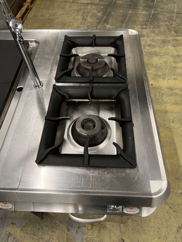 Acier inoxydable MBM Îlot de cuisine Cuisinière à 2 feux, plaque de cuisson et double friteuse 241 cm Horeca – Image 7