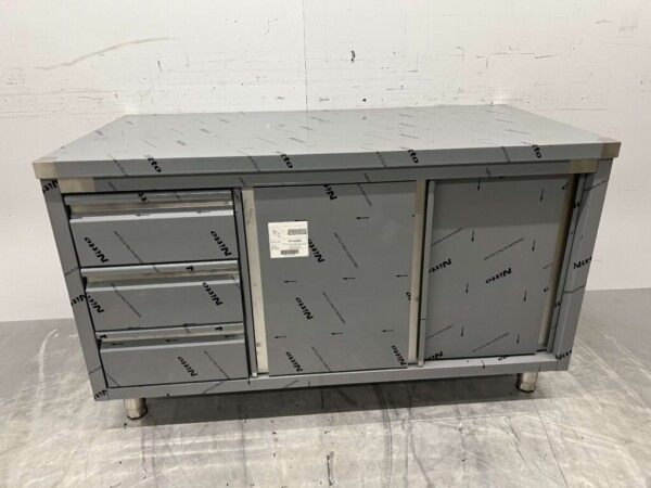 Armoire de travail en acier inoxydable Armoire Table de travail Premium-line 2 portes coulissantes et 3 tiroirs 140 cm Restauration