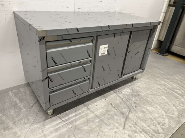 Armoire de travail en acier inoxydable Armoire Table de travail Premium-line 2 portes coulissantes et 3 tiroirs 140 cm Restauration – Image 2