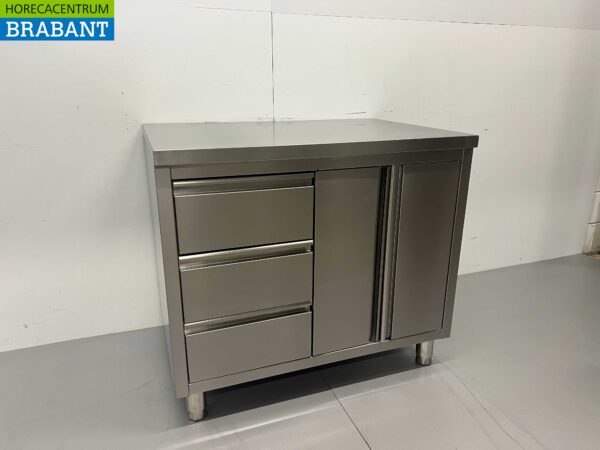 Armoire de travail en acier inoxydable Table de travail 2 portes battantes et 3 tiroirs 100 cm Restauration – Image 2