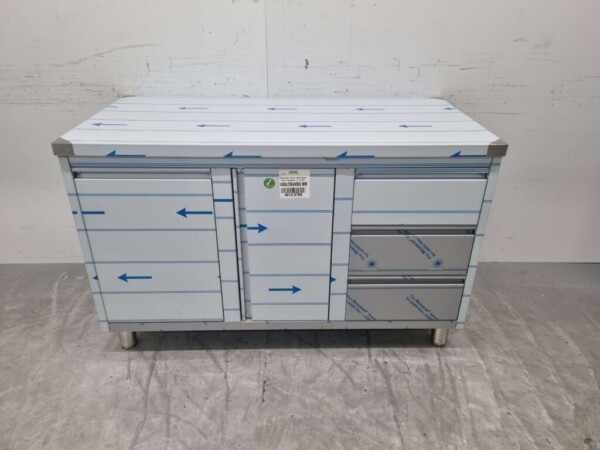Armoire de travail en acier inoxydable Table de travail, porte à charnières, 3 tiroirs et poubelle 140 cm Horeca