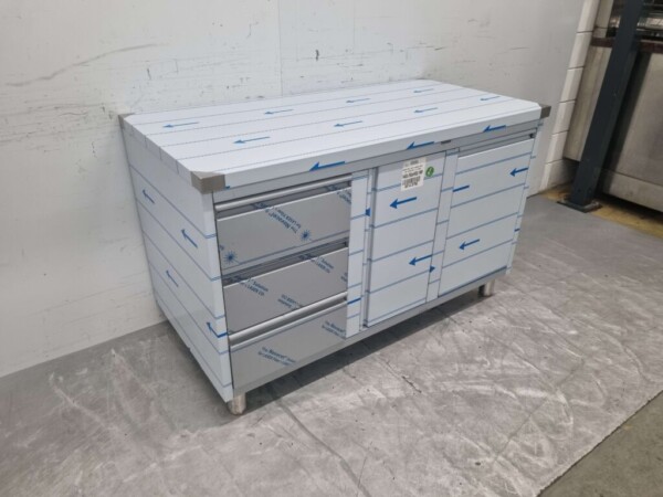 Armoire de travail en acier inoxydable Table de travail, porte à charnières, 3 tiroirs et poubelle 140 cm Horeca – Image 2