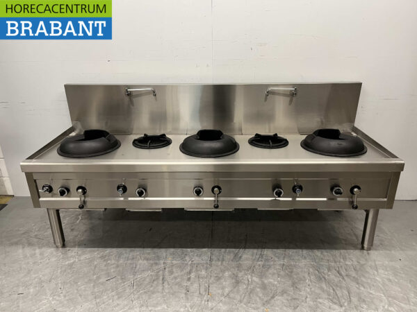 Table wok en acier inoxydable wok cooker 5 brûleurs 100,9 kW 245 cm Gaz Horeca