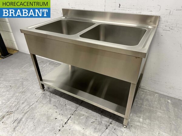Acier inoxydable HCB Table d'évier Bassin double évier 120 cm Horeca – Image 2