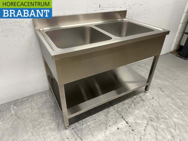 Acier inoxydable HCB Table d'évier Bassin double évier 120 cm Horeca – Image 3