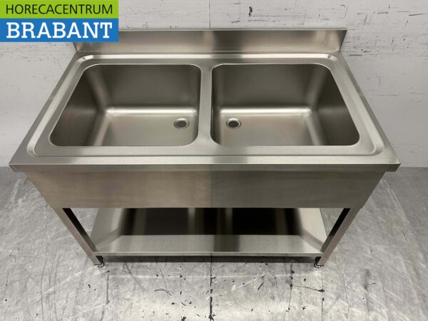 Acier inoxydable HCB Table d'évier Bassin double évier 120 cm Horeca – Image 4