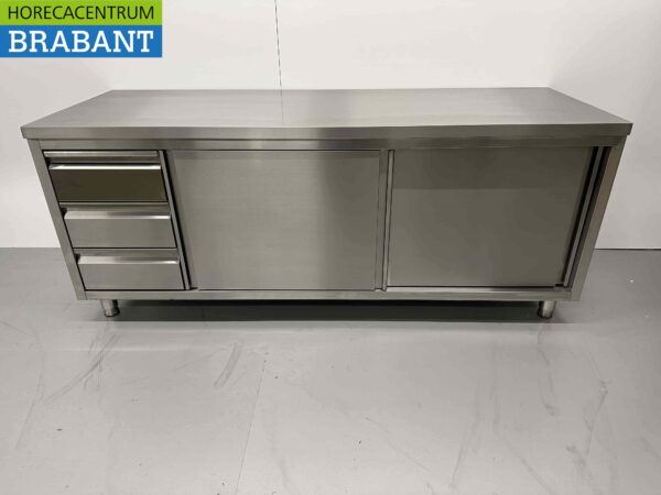 Armoire Premium-line en acier inoxydable Table de travail 2 portes coulissantes et 3 tiroirs 200 cm Restauration