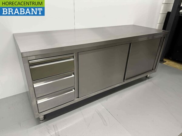 Armoire Premium-line en acier inoxydable Table de travail 2 portes coulissantes et 3 tiroirs 200 cm Restauration – Image 2