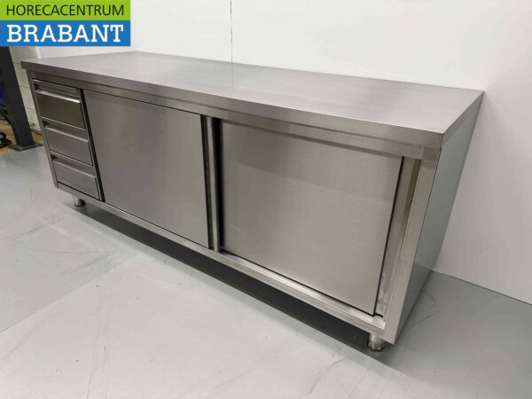 Armoire Premium-line en acier inoxydable Table de travail 2 portes coulissantes et 3 tiroirs 200 cm Restauration – Image 3