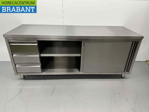 Armoire Premium-line en acier inoxydable Table de travail 2 portes coulissantes et 3 tiroirs 200 cm Restauration – Image 4