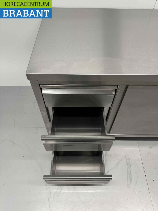 Armoire Premium-line en acier inoxydable Table de travail 2 portes coulissantes et 3 tiroirs 200 cm Restauration – Image 5