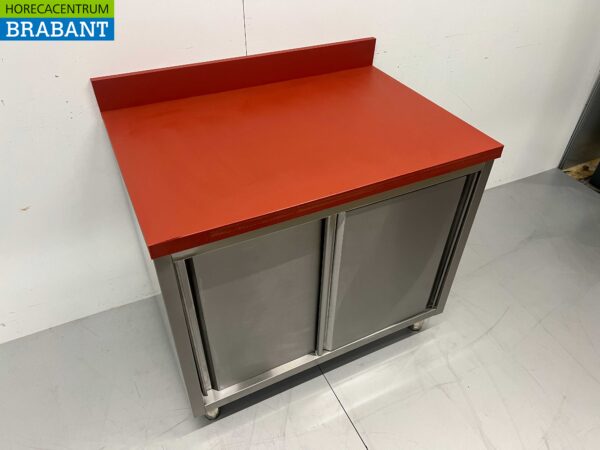 Acier inoxydable Polyéthylène PE Armoire Armoire Table à découper Premium-line 2 portes coulissantes 100 cm Restauration Boucherie – Image 3