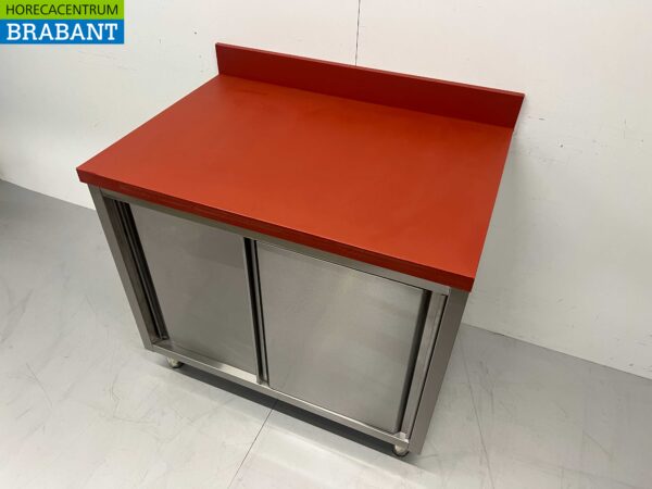 Acier inoxydable Polyéthylène PE Armoire Armoire Table à découper Premium-line 2 portes coulissantes 100 cm Restauration Boucherie – Image 2