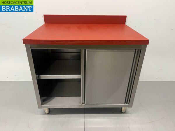 Acier inoxydable Polyéthylène PE Armoire Armoire Table à découper Premium-line 2 portes coulissantes 100 cm Restauration Boucherie – Image 4