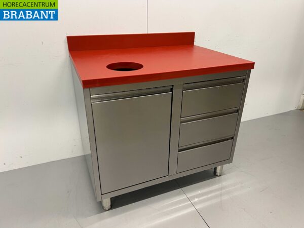 Acier inoxydable Polyéthylène PE Table de découpe Table à harengs Armoire de travail Poubelle et 3 tiroirs 100 cm Restauration – Image 2