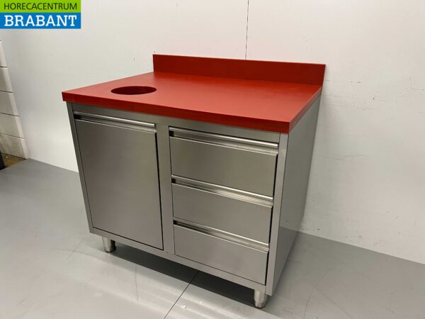 Acier inoxydable Polyéthylène PE Table de découpe Table à harengs Armoire de travail Poubelle et 3 tiroirs 100 cm Restauration – Image 3