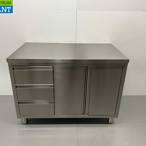 HCB inox Armoire de travail Table de travail 2 portes battantes et 3 tiroirs 120 cm Premium-line Horeca