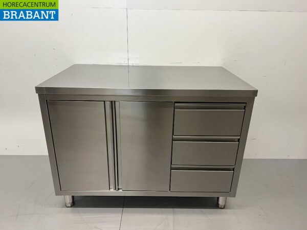 HCB inox Armoire de travail Table de travail 2 portes battantes et 3 tiroirs 120 cm Restauration