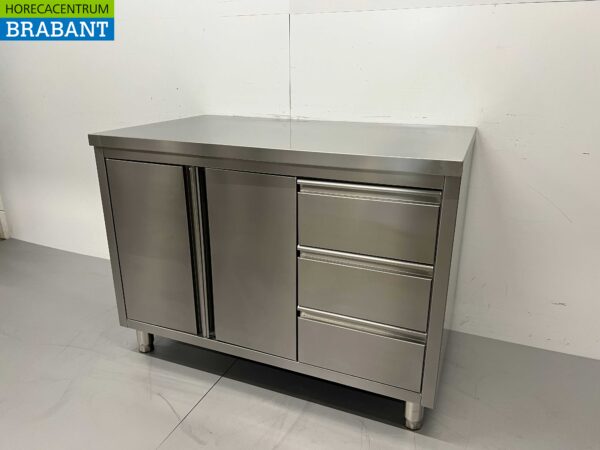 HCB inox Armoire de travail Table de travail 2 portes battantes et 3 tiroirs 120 cm Restauration – Image 3