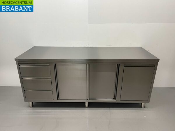 Armoire de travail en acier inoxydable Table de travail 2 portes coulissantes et 3 tiroirs et poubelle 200 cm Horeca