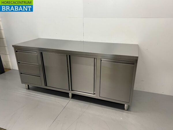 Armoire de travail en acier inoxydable Table de travail 2 portes coulissantes et 3 tiroirs et poubelle 200 cm Horeca – Image 3