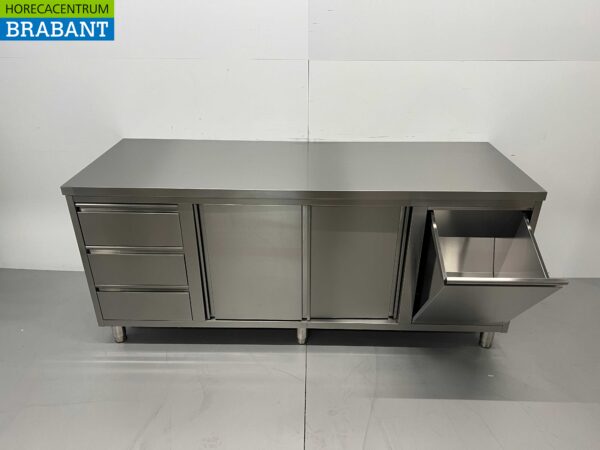 Armoire de travail en acier inoxydable Table de travail 2 portes coulissantes et 3 tiroirs et poubelle 200 cm Horeca – Image 4