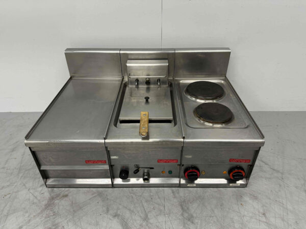 Ligne de cuisson Lotus en acier inoxydable 2 brûleurs et friteuse 90 cm 230V Horeca