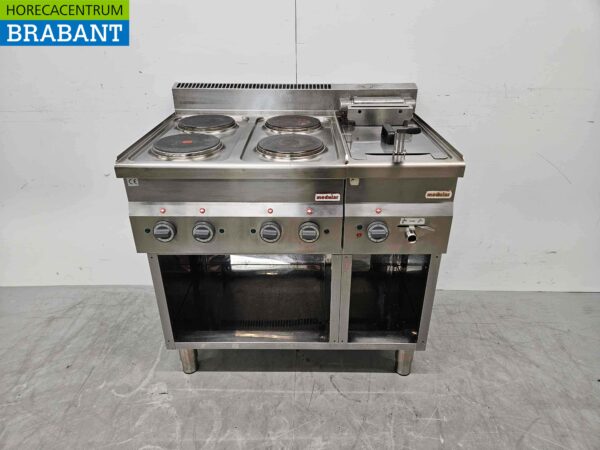 Ligne de cuisson modulaire en acier inoxydable Cuisinière électrique 4 feux et friteuse 90 cm 400V Horeca