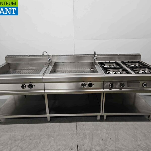 Gico Baking line en acier inoxydable Cuisinière 4 feux avec 2 x double bain marie GAS/400V Horeca